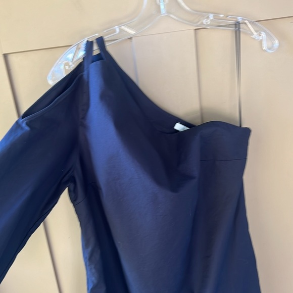 LEWIT Sz 10 Navy 100% Cotton One Shoulder Tunic Mini Dress Evening Cocktail - Picture 5 of 12